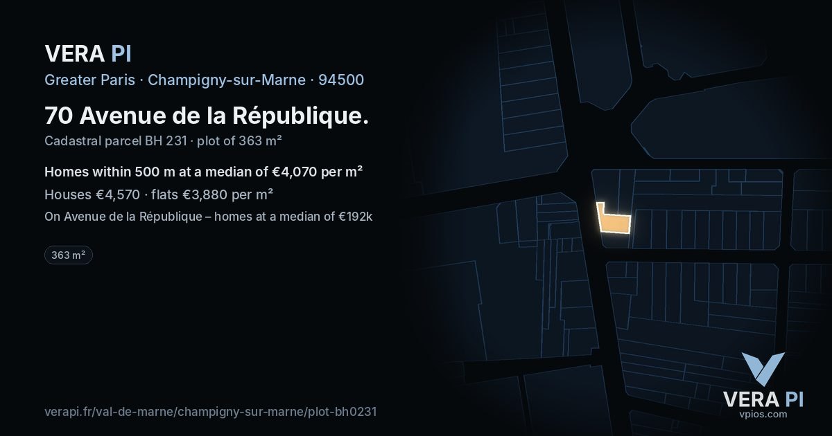 70 Avenue de la République, Champigny-sur-Marne at night – the plot lit, the parcels around coloured by the prices near them