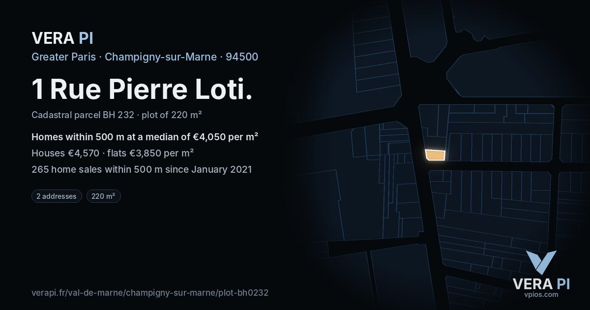 1 Rue Pierre Loti, Champigny-sur-Marne at night – the plot lit, the parcels around coloured by the prices near them