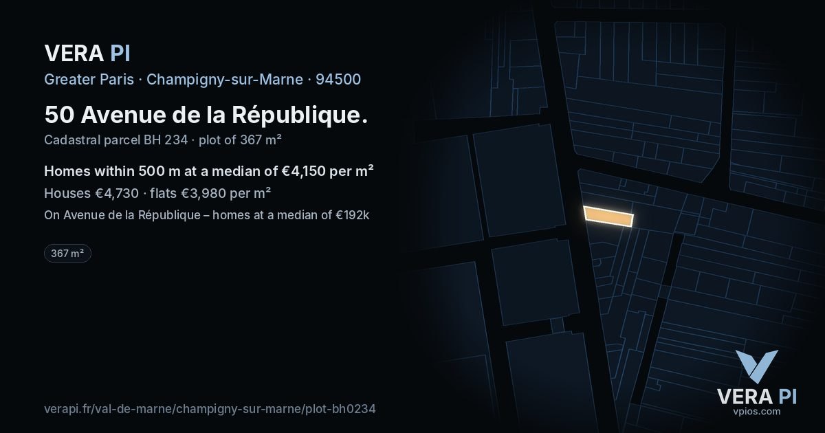 50 Avenue de la République, Champigny-sur-Marne at night – the plot lit, the parcels around coloured by the prices near them