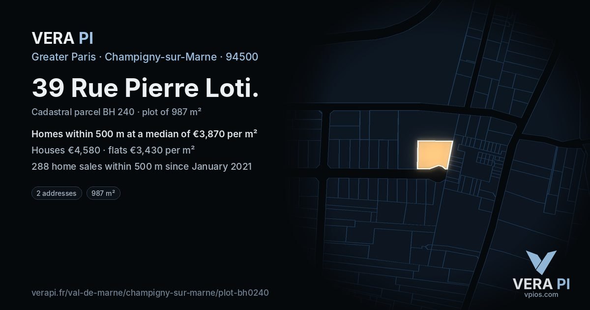 39 Rue Pierre Loti, Champigny-sur-Marne at night – the plot lit, the parcels around coloured by the prices near them