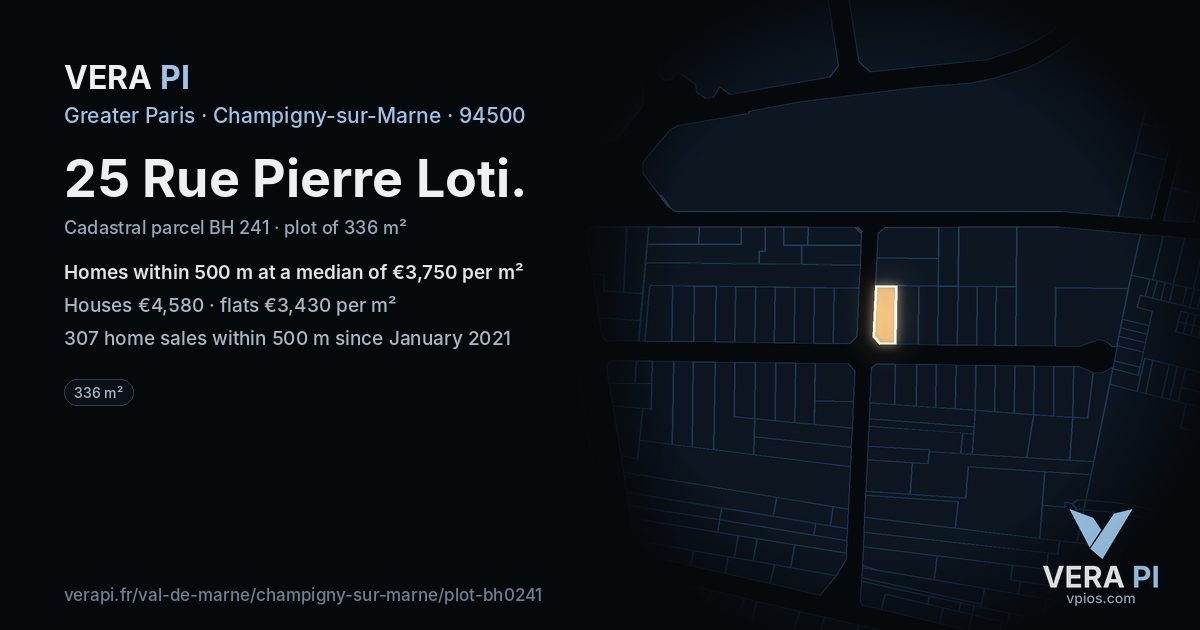 25 Rue Pierre Loti, Champigny-sur-Marne at night – the plot lit, the parcels around coloured by the prices near them