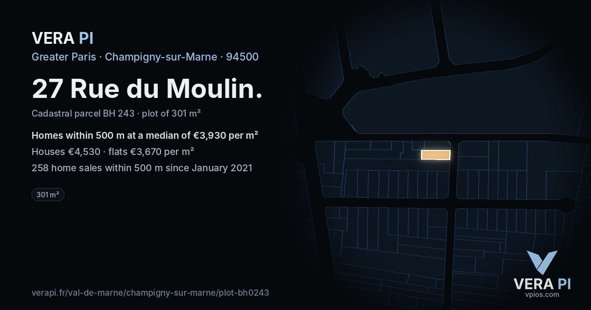 27 Rue du Moulin, Champigny-sur-Marne at night – the plot lit, the parcels around coloured by the prices near them