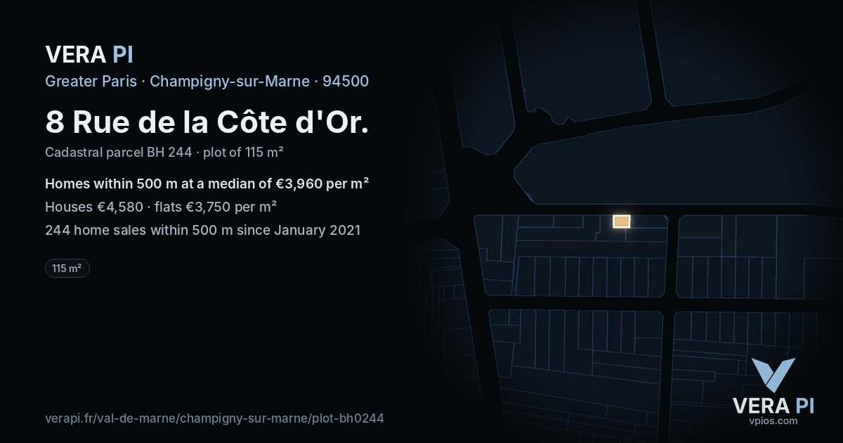 8 Rue de la Côte d'Or, Champigny-sur-Marne at night – the plot lit, the parcels around coloured by the prices near them