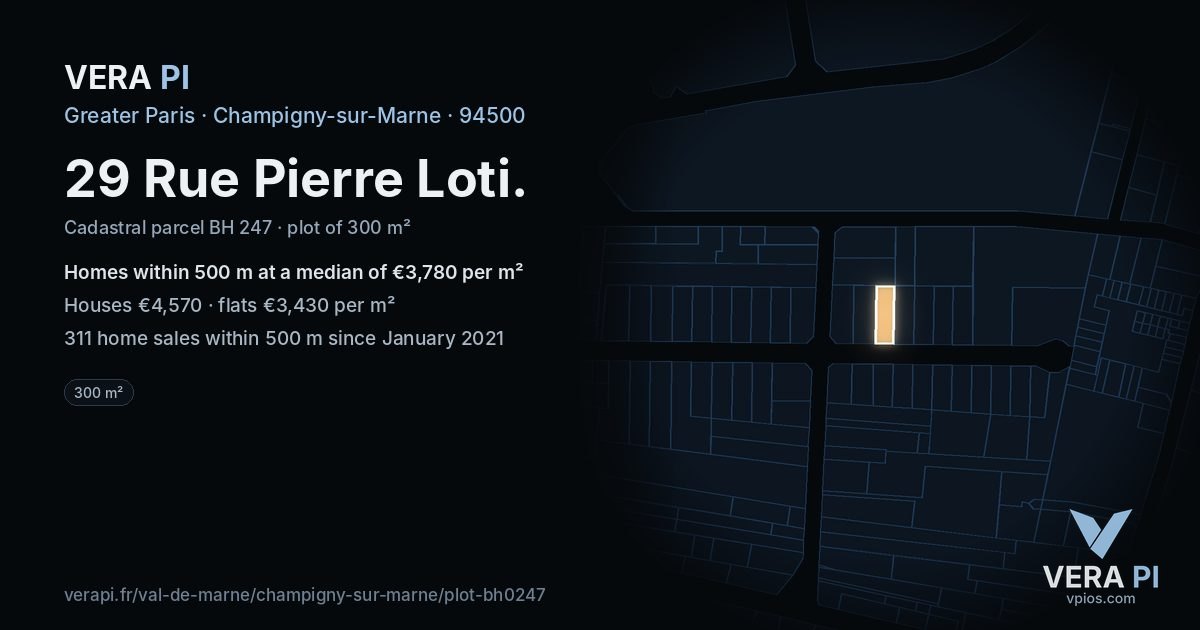 29 Rue Pierre Loti, Champigny-sur-Marne at night – the plot lit, the parcels around coloured by the prices near them