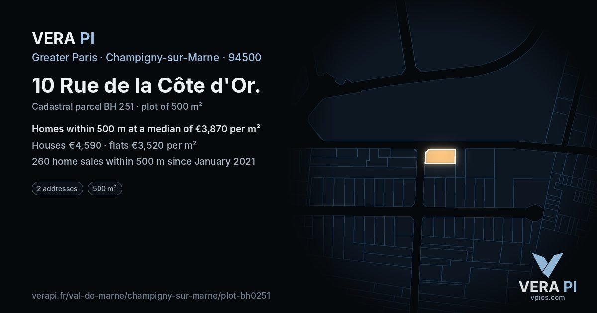 10 Rue de la Côte d'Or, Champigny-sur-Marne at night – the plot lit, the parcels around coloured by the prices near them