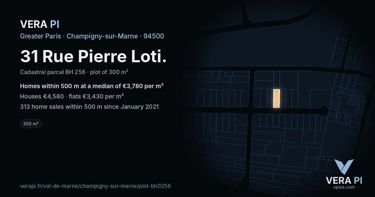 31 Rue Pierre Loti, Champigny-sur-Marne at night – the plot lit, the parcels around coloured by the prices near them