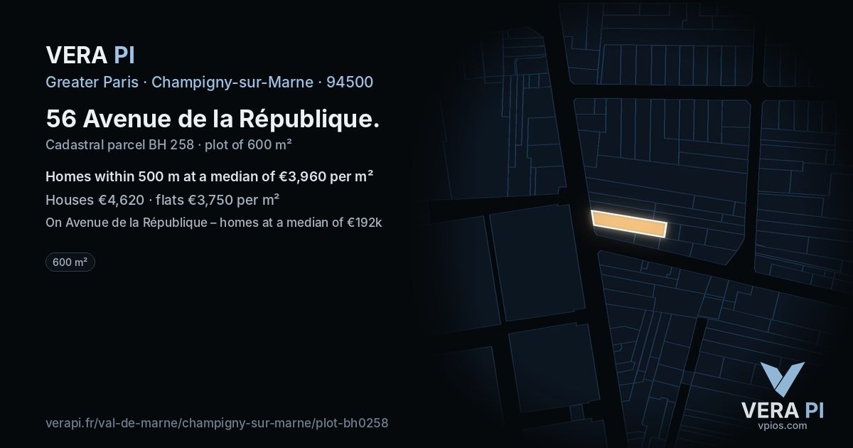 56 Avenue de la République, Champigny-sur-Marne at night – the plot lit, the parcels around coloured by the prices near them