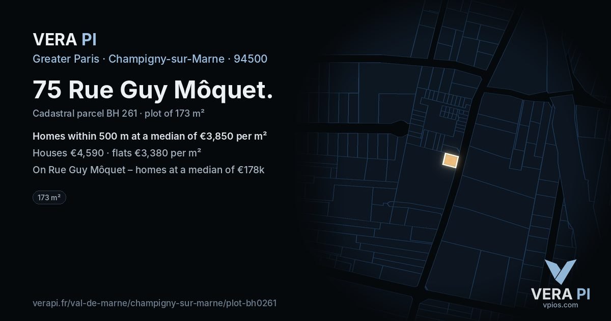 75 Rue Guy Môquet, Champigny-sur-Marne at night – the plot lit, the parcels around coloured by the prices near them