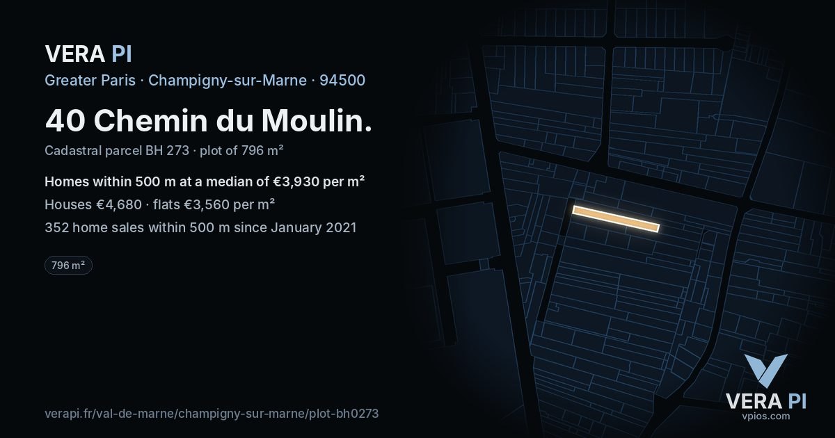40 Chemin du Moulin, Champigny-sur-Marne at night – the plot lit, the parcels around coloured by the prices near them