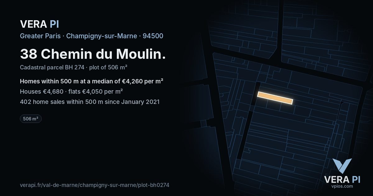 38 Chemin du Moulin, Champigny-sur-Marne at night – the plot lit, the parcels around coloured by the prices near them