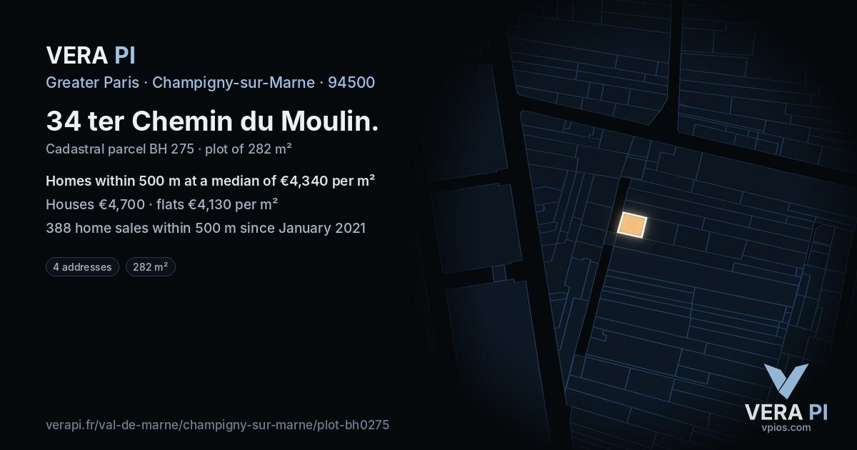 34 ter Chemin du Moulin, Champigny-sur-Marne at night – the plot lit, the parcels around coloured by the prices near them
