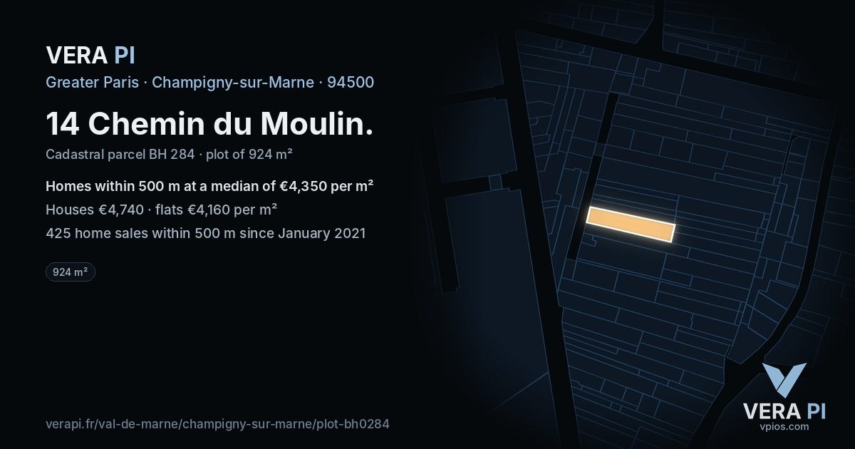 14 Chemin du Moulin, Champigny-sur-Marne at night – the plot lit, the parcels around coloured by the prices near them