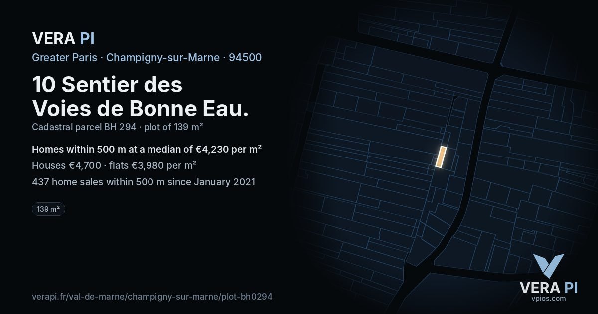 10 Sentier des Voies de Bonne Eau, Champigny-sur-Marne at night – the plot lit, the parcels around coloured by the prices near them