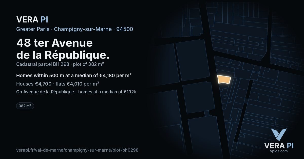 48 ter Avenue de la République, Champigny-sur-Marne at night – the plot lit, the parcels around coloured by the prices near them