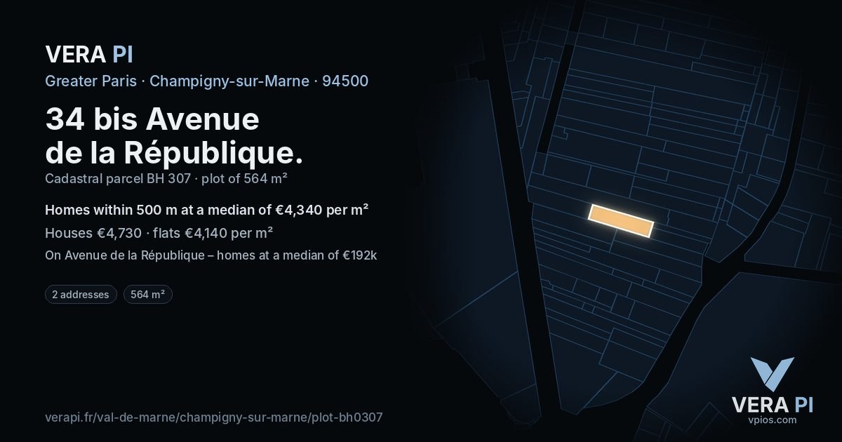 34 bis Avenue de la République, Champigny-sur-Marne at night – the plot lit, the parcels around coloured by the prices near them