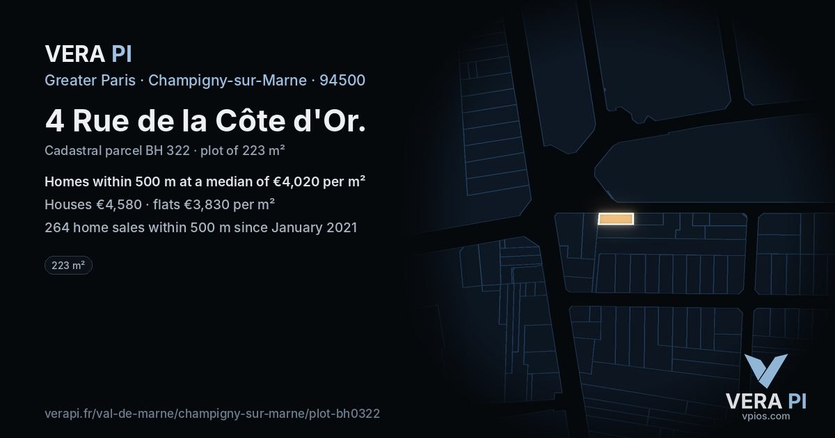 4 Rue de la Côte d'Or, Champigny-sur-Marne at night – the plot lit, the parcels around coloured by the prices near them