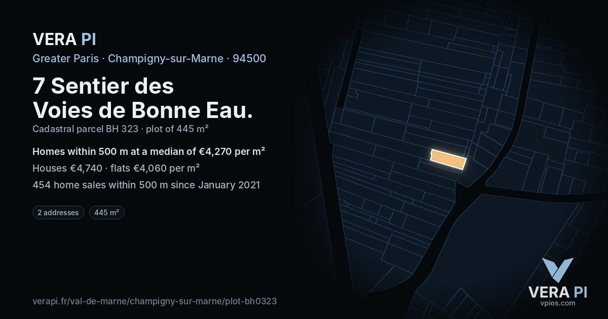 7 Sentier des Voies de Bonne Eau, Champigny-sur-Marne at night – the plot lit, the parcels around coloured by the prices near them