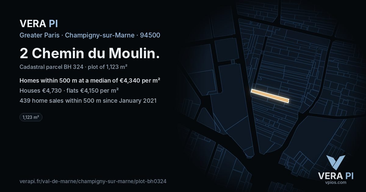 2 Chemin du Moulin, Champigny-sur-Marne at night – the plot lit, the parcels around coloured by the prices near them