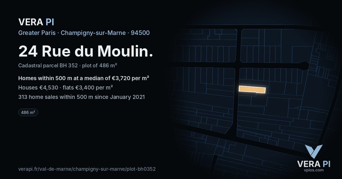 24 Rue du Moulin, Champigny-sur-Marne at night – the plot lit, the parcels around coloured by the prices near them