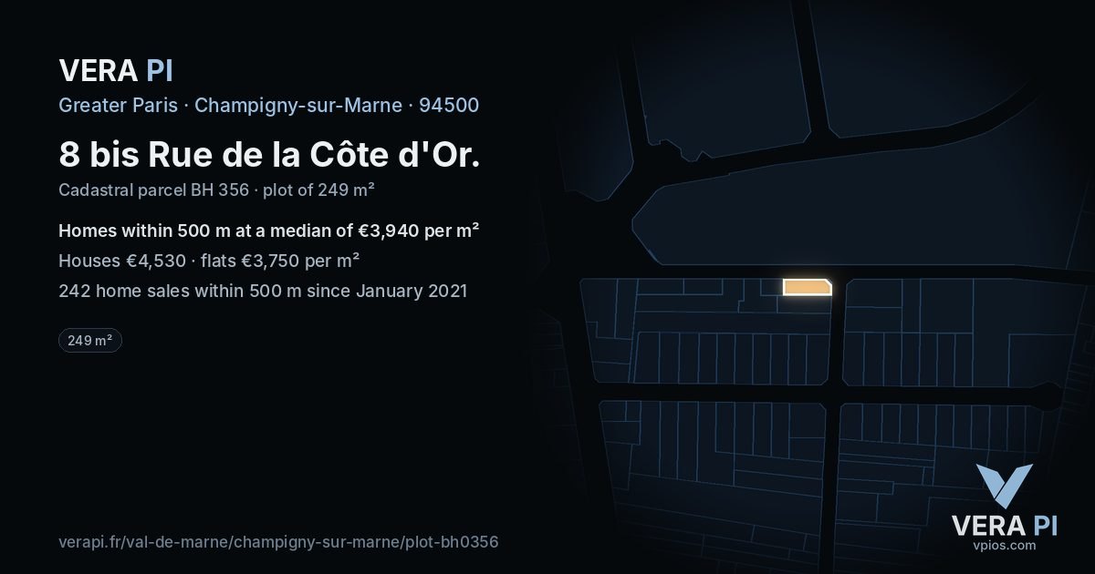 8 bis Rue de la Côte d'Or, Champigny-sur-Marne at night – the plot lit, the parcels around coloured by the prices near them