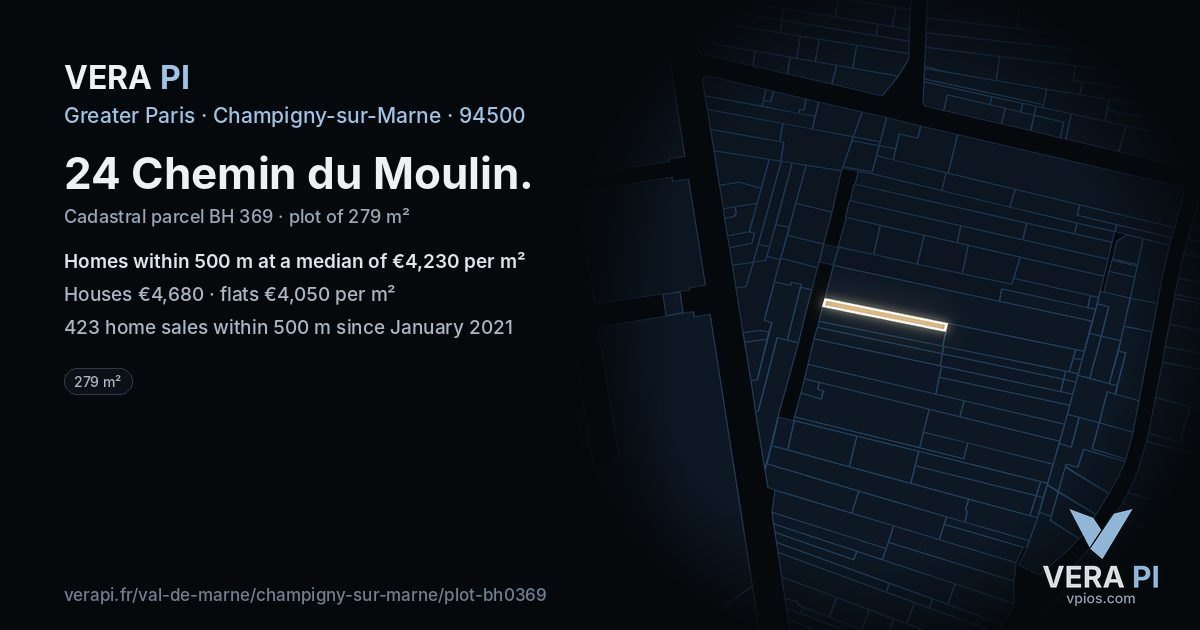 24 Chemin du Moulin, Champigny-sur-Marne at night – the plot lit, the parcels around coloured by the prices near them
