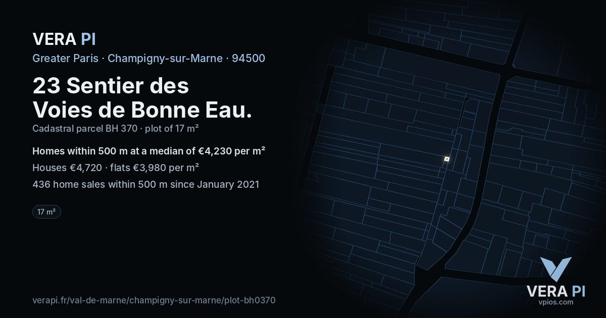 23 Sentier des Voies de Bonne Eau, Champigny-sur-Marne at night – the plot lit, the parcels around coloured by the prices near them