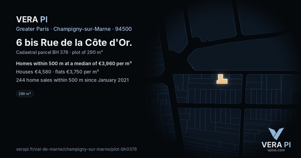 6 bis Rue de la Côte d'Or, Champigny-sur-Marne at night – the plot lit, the parcels around coloured by the prices near them