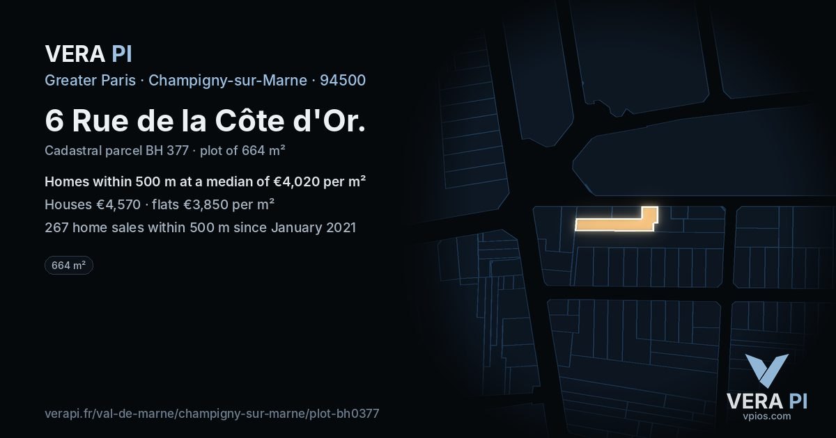 6 Rue de la Côte d'Or, Champigny-sur-Marne at night – the plot lit, the parcels around coloured by the prices near them