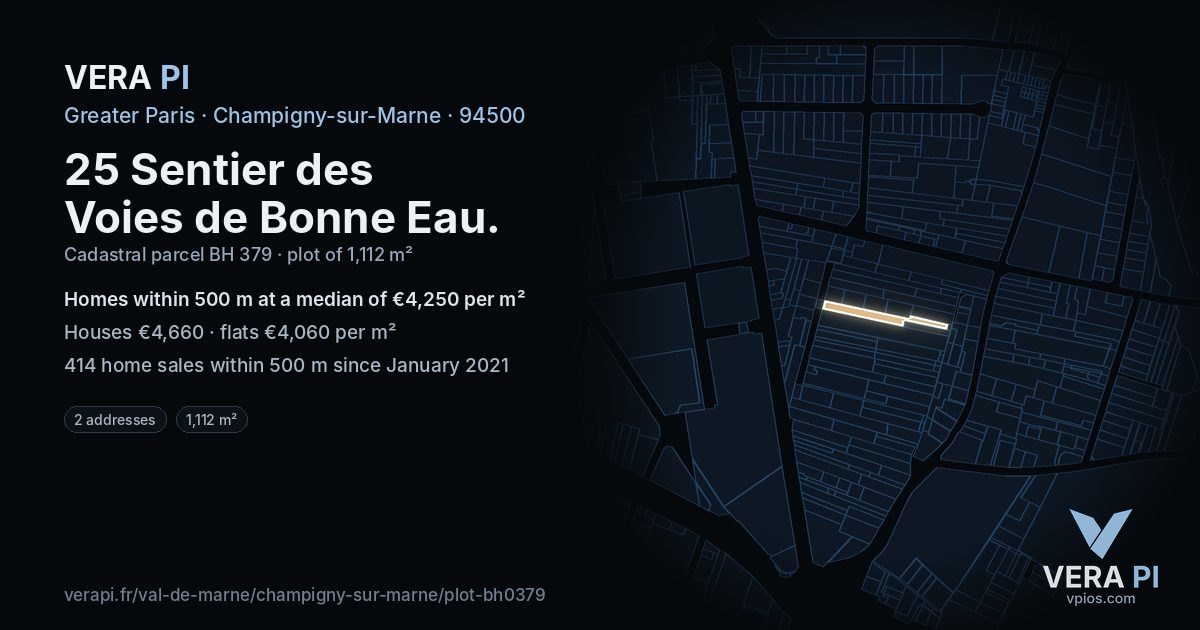 25 Sentier des Voies de Bonne Eau, Champigny-sur-Marne at night – the plot lit, the parcels around coloured by the prices near them
