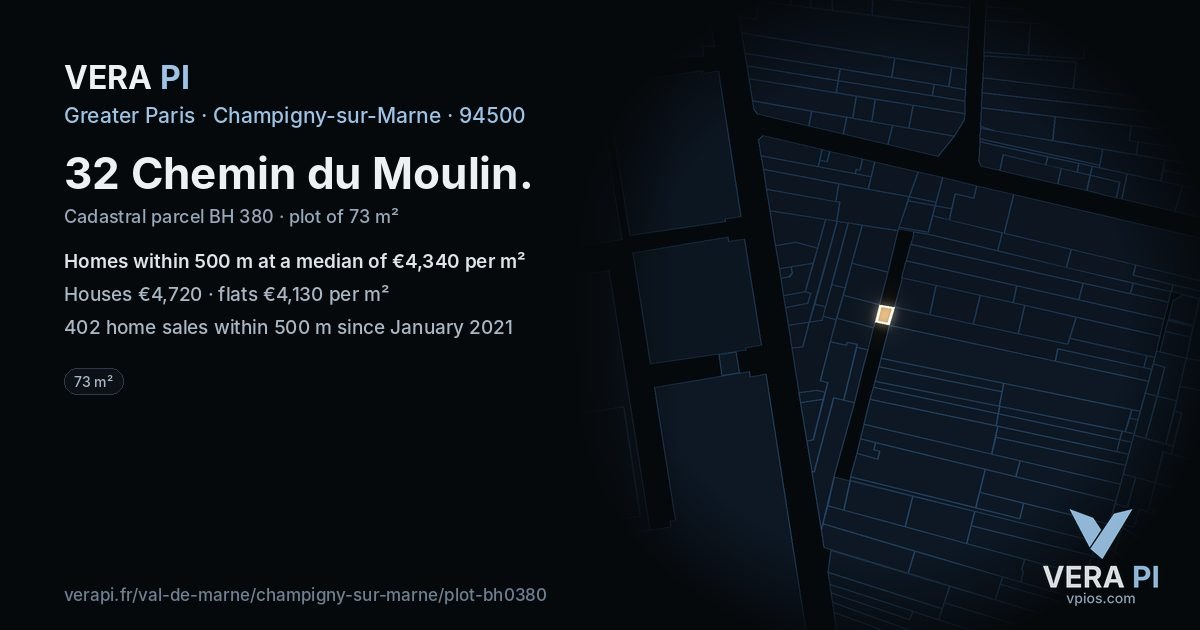 32 Chemin du Moulin, Champigny-sur-Marne at night – the plot lit, the parcels around coloured by the prices near them