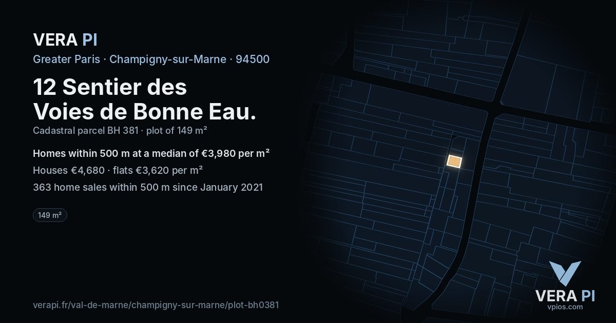 12 Sentier des Voies de Bonne Eau, Champigny-sur-Marne at night – the plot lit, the parcels around coloured by the prices near them