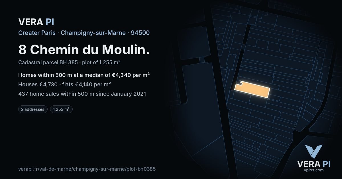8 Chemin du Moulin, Champigny-sur-Marne at night – the plot lit, the parcels around coloured by the prices near them
