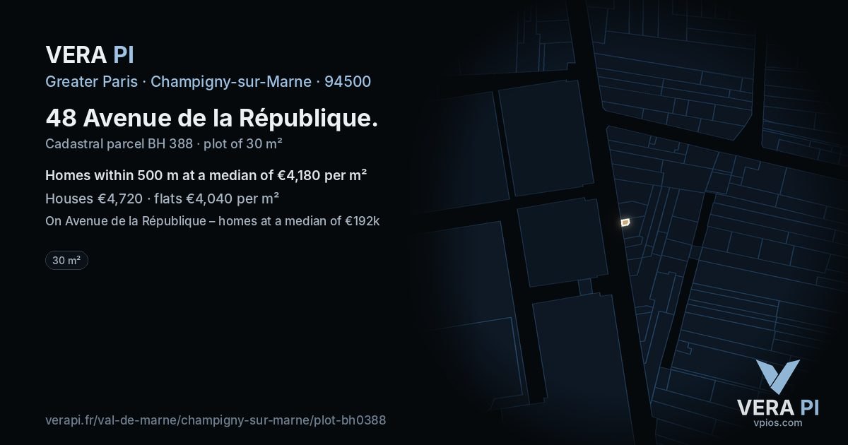 48 Avenue de la République, Champigny-sur-Marne at night – the plot lit, the parcels around coloured by the prices near them