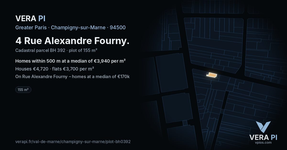 4 Rue Alexandre Fourny, Champigny-sur-Marne at night – the plot lit, the parcels around coloured by the prices near them