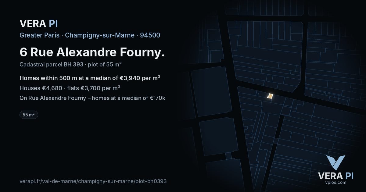 6 Rue Alexandre Fourny, Champigny-sur-Marne at night – the plot lit, the parcels around coloured by the prices near them