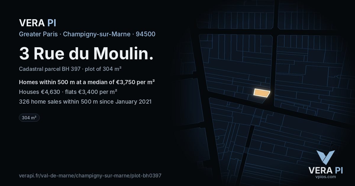 3 Rue du Moulin, Champigny-sur-Marne at night – the plot lit, the parcels around coloured by the prices near them