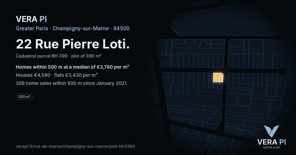 22 Rue Pierre Loti, Champigny-sur-Marne at night – the plot lit, the parcels around coloured by the prices near them