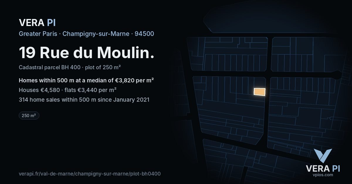 19 Rue du Moulin, Champigny-sur-Marne at night – the plot lit, the parcels around coloured by the prices near them