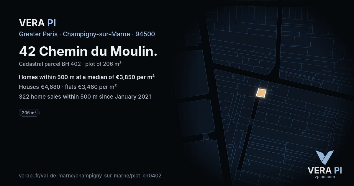 42 Chemin du Moulin, Champigny-sur-Marne at night – the plot lit, the parcels around coloured by the prices near them