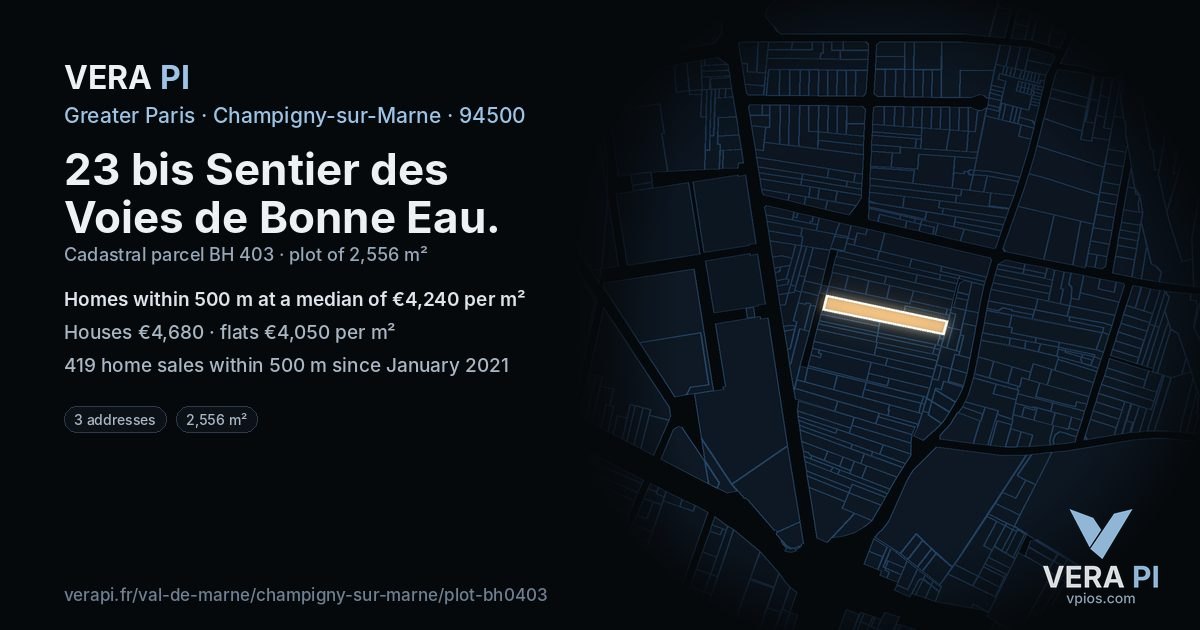 23 bis Sentier des Voies de Bonne Eau, Champigny-sur-Marne at night – the plot lit, the parcels around coloured by the prices near them