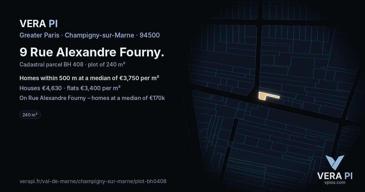 9 Rue Alexandre Fourny, Champigny-sur-Marne at night – the plot lit, the parcels around coloured by the prices near them