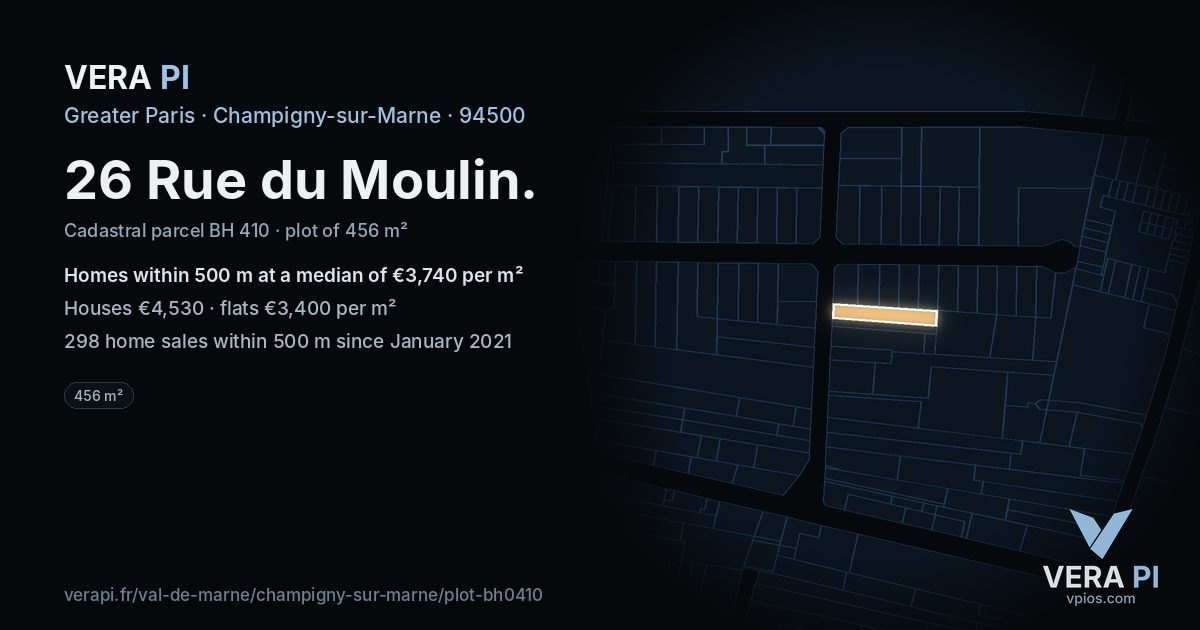 26 Rue du Moulin, Champigny-sur-Marne at night – the plot lit, the parcels around coloured by the prices near them