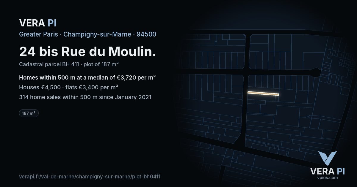 24 bis Rue du Moulin, Champigny-sur-Marne at night – the plot lit, the parcels around coloured by the prices near them