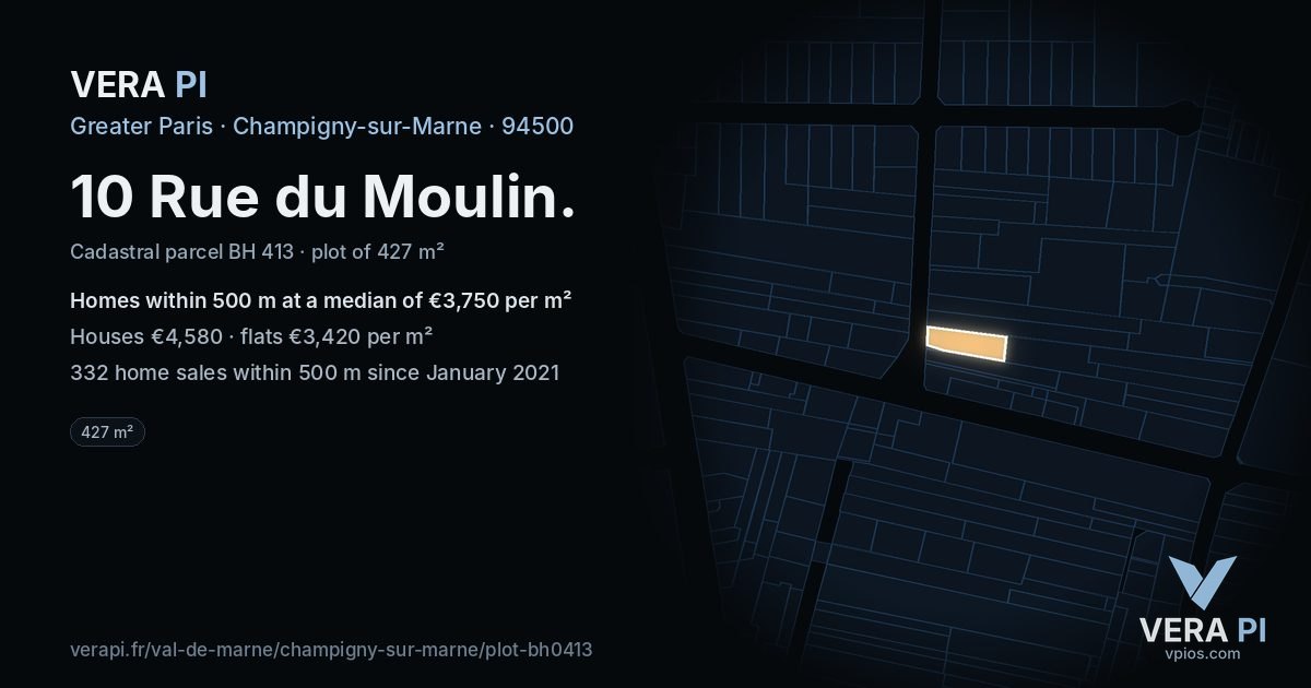 10 Rue du Moulin, Champigny-sur-Marne at night – the plot lit, the parcels around coloured by the prices near them