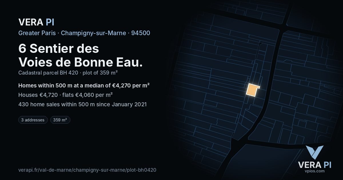 6 Sentier des Voies de Bonne Eau, Champigny-sur-Marne at night – the plot lit, the parcels around coloured by the prices near them