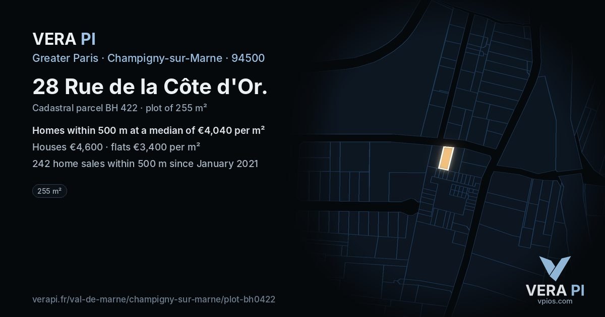28 Rue de la Côte d'Or, Champigny-sur-Marne at night – the plot lit, the parcels around coloured by the prices near them