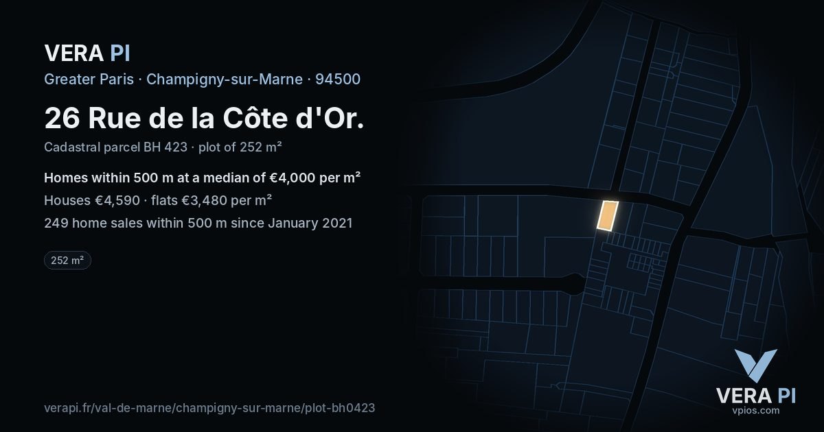 26 Rue de la Côte d'Or, Champigny-sur-Marne at night – the plot lit, the parcels around coloured by the prices near them