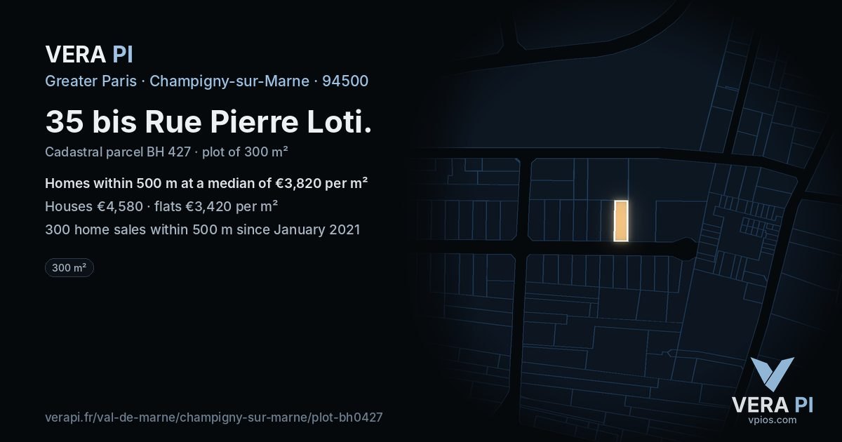 35 bis Rue Pierre Loti, Champigny-sur-Marne at night – the plot lit, the parcels around coloured by the prices near them