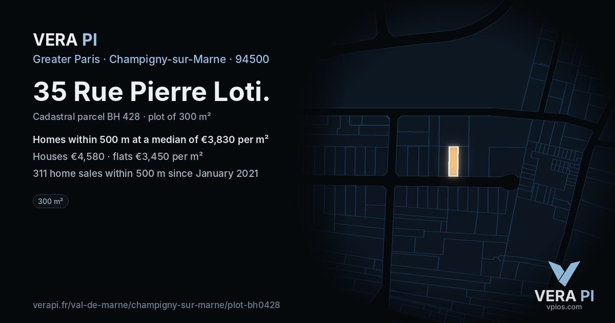 35 Rue Pierre Loti, Champigny-sur-Marne at night – the plot lit, the parcels around coloured by the prices near them