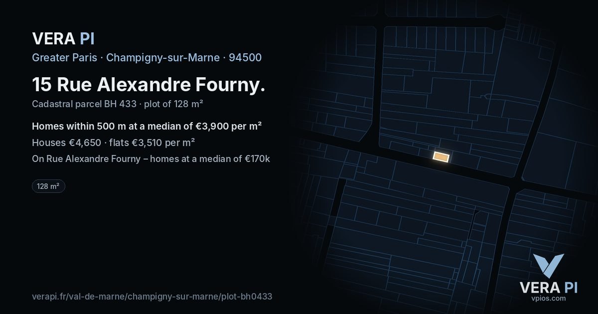 15 Rue Alexandre Fourny, Champigny-sur-Marne at night – the plot lit, the parcels around coloured by the prices near them